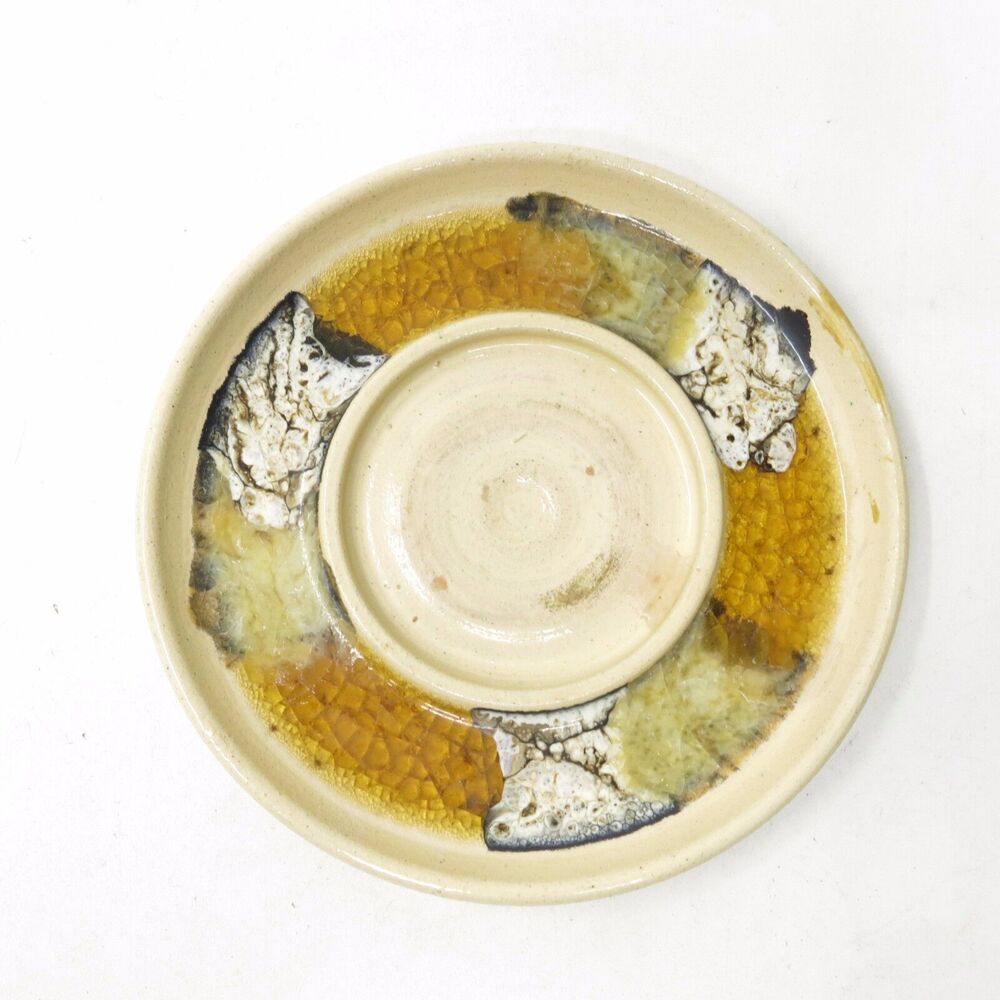 Mid Century Style Vtg Signed Jetter Art Pottery Candle Tray Gold Crushed Glass